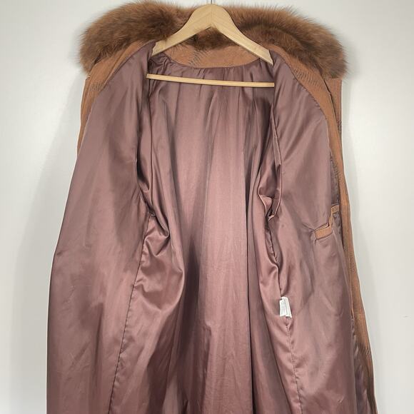 Vtg 70s Suede Trench Coat w/ Genuine Fox Fur Collar Women’s L Brown Aspen Chic - Picture 15 of 16